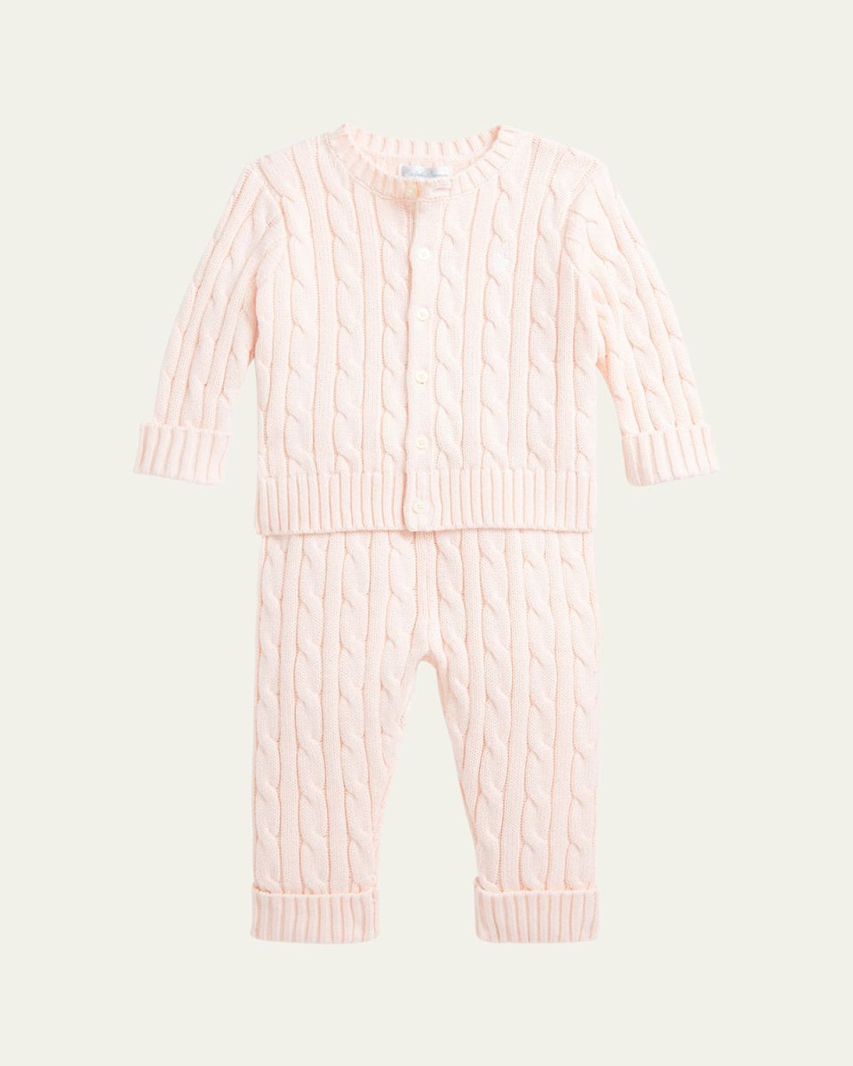 Kid's Cotton Cable Knit Sweater & Pants Set, Size Newborn-24